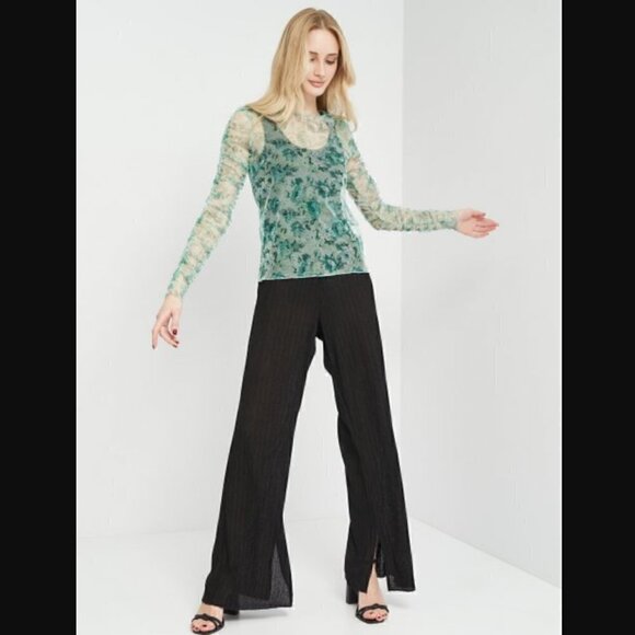 Zara Mesh Top S Green Floral Print Ruched Long Sleeve Sheer Trendy - Picture 6 of 16